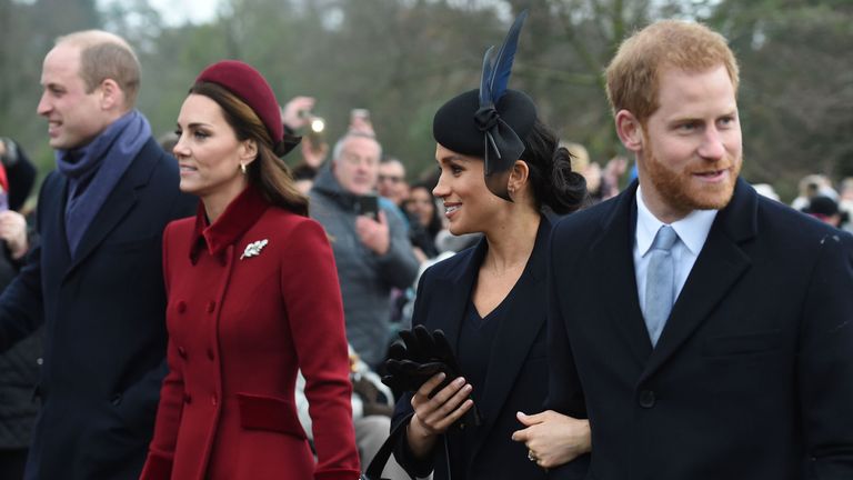 The Duke of Cambridge, the Duchess of Cambridge, the Duchess of Sussex and the Duke of Sussex arriving to attend the Christmas Day morning church service at St Mary Magdalene Church in Sandringham, Norfolk. PRESS ASSOCIATION Photo. Picture date: Tuesday December 25, 2018. See PA story ROYAL Queen. Photo credit should read: Joe Giddens/PA Wire
