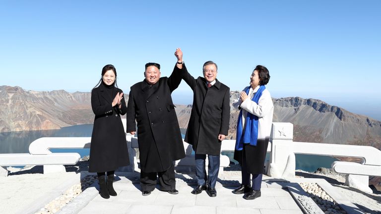Kim Jong Un and Moon Jae-in with their wives in September at the summit of the Paektu Mountains
