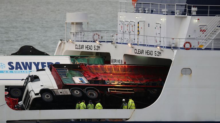 Toppled lorries on board the European Causeway, a P&O Ferry which was travelling from Larne in Northern Ireland to Cairnryan Ferry Terminal, Wigtownshire, when it was caughtin high winds. PRESS ASSOCIATION Photo. Picture date: Tuesday December 18, 2018. Several ambulances were sent to the scene along with police, the fire and rescue service and the coastguard, after six vehicles shifted on board the ferry, causing damage. See PA story POLICE Ferry. Photo credit should read: Andrew Millligan/PA W