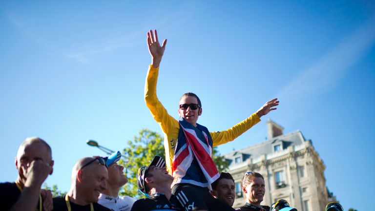 Bradley Wiggins celebrates his 2012 Tour de France win 