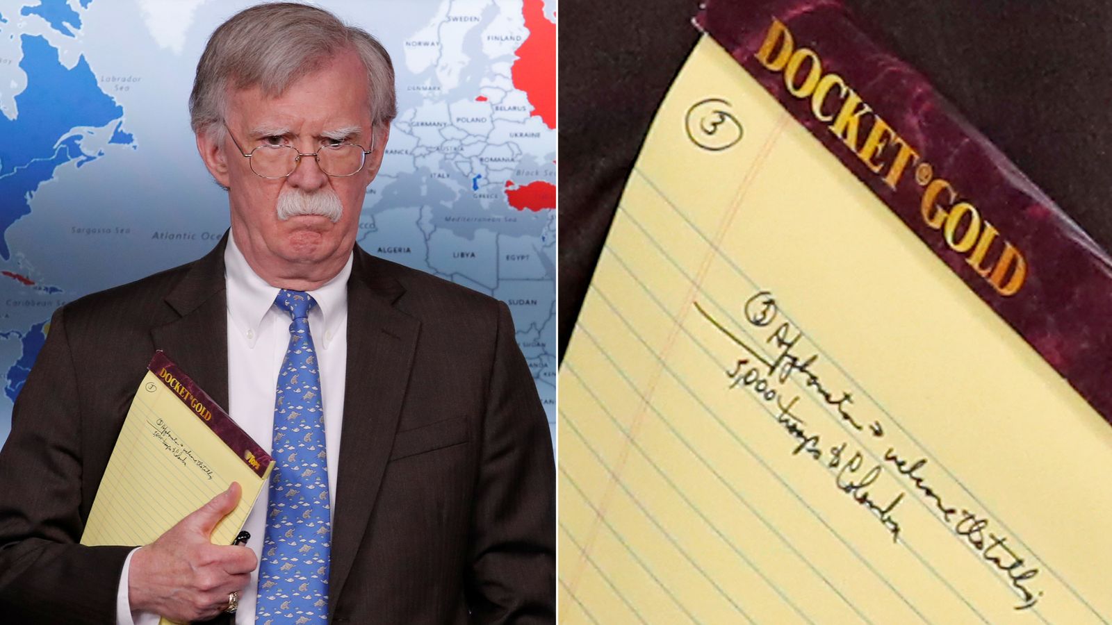 Bolton flashes '5,000 troops to Colombia' note as he announces new Venezuela sanctions ...
