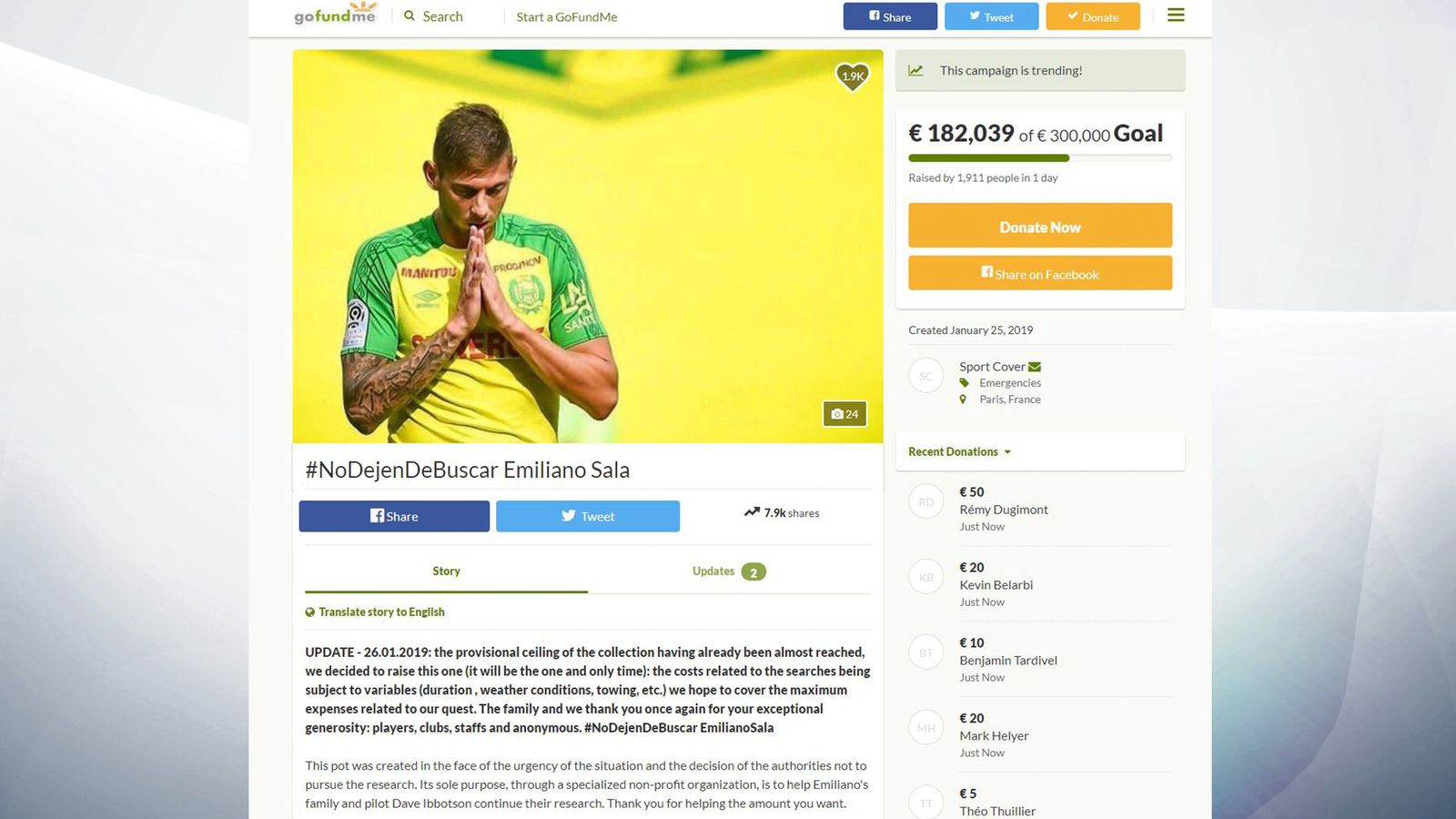 Emiliano Sala private search fund tops €200k in one day | UK News | Sky ...