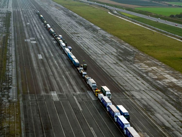Lorries parked in a queue during a trial at the former Manston Airport site in Kent