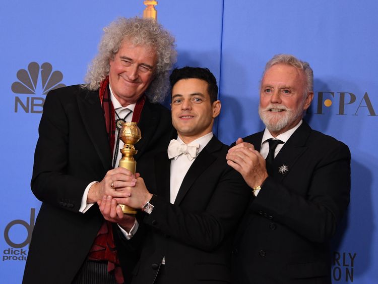 Golden Globes 2019: Queen's Brian May and Roger Taylor with Rami Malek, who plays Freddie Mercury in Bohemian Rhapsody