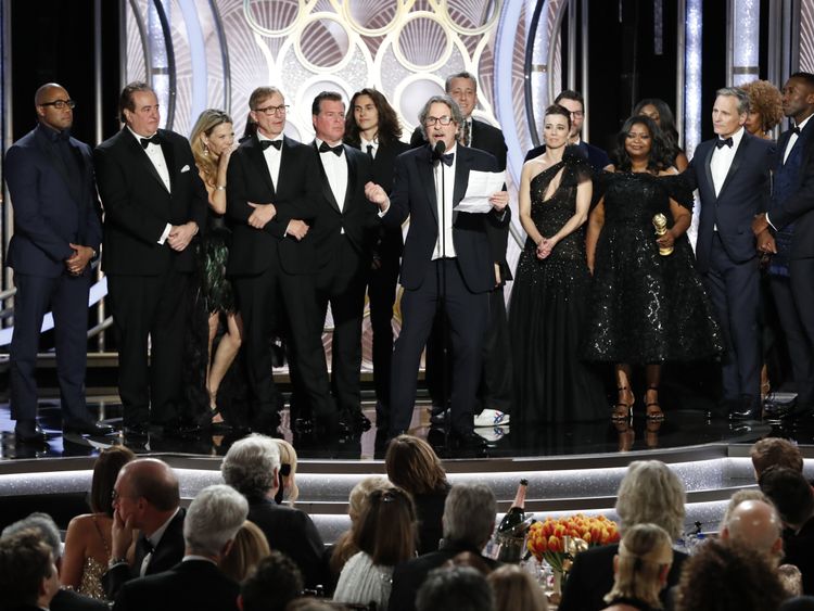 Director Peter Farrelly and the Green Book cast on stage at the Golden Globes 2019