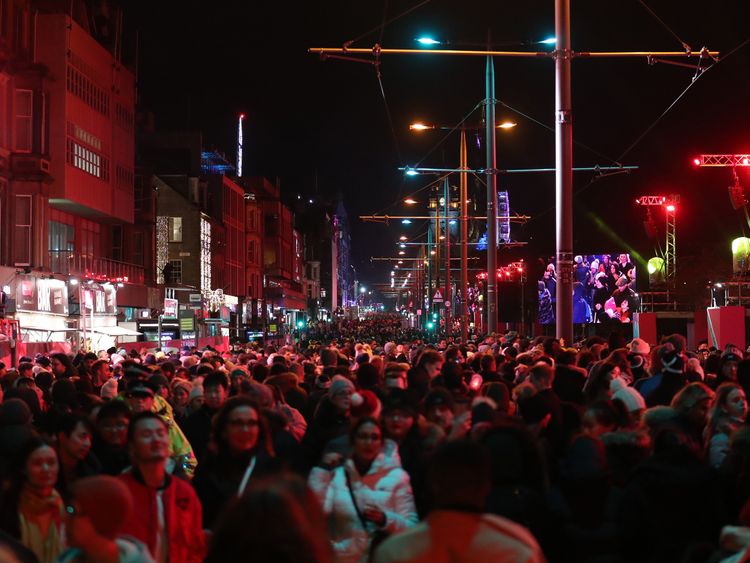 Crowds on Princess Street during the Hogmanay New Year celebrations in Edinburgh.