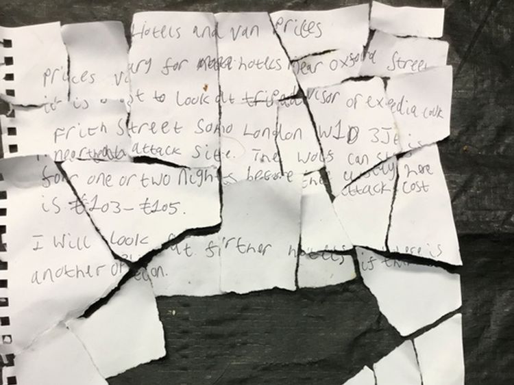 A handwritten letter found in bin detailing the costs of hotels near Oxford Street and van rental, for a planned attack on London