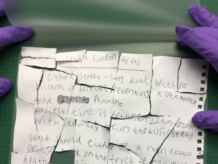 A handwritten letter found in bin detailing potential targets in London 