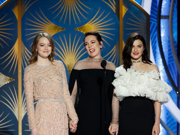 The Favourite stars Emma Stone, Olivia Colman and Rachel Weisz on stage at the Golden Globes 2019