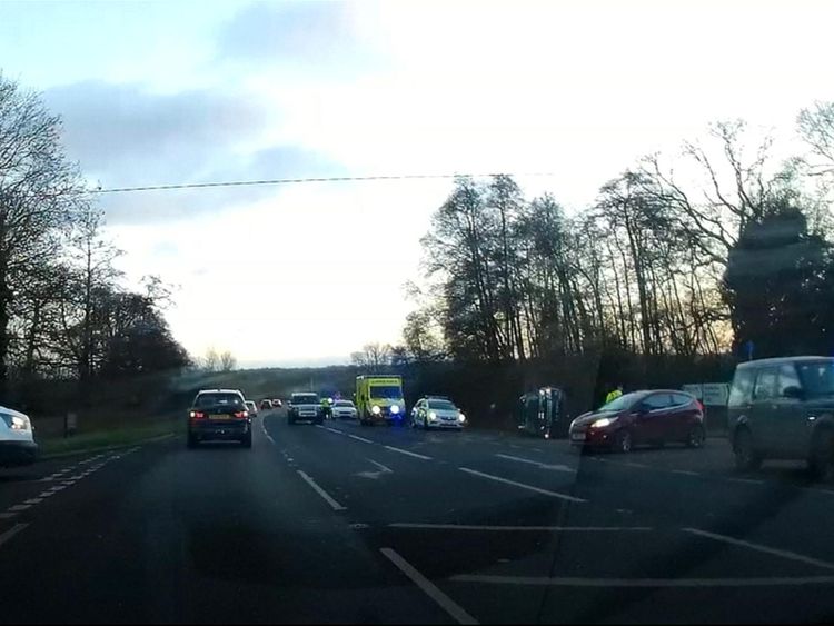 Dashcam footage from a passing car shows the duke';s an ambulance near the duke';s overturned Land Rover