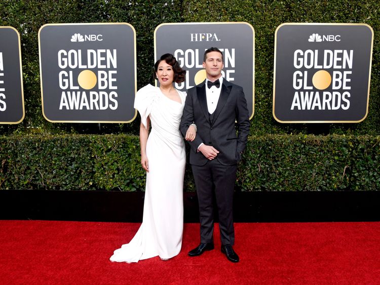Sandra Oh and Andy Samberg attend the 76th Annual Golden Globe Awards at The Beverly Hilton Hotel on January 6, 2019 in Beverly Hills, California.