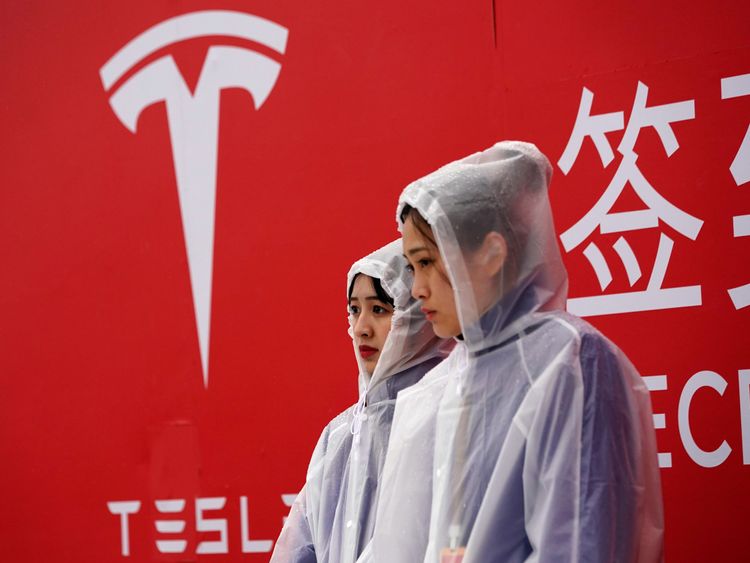 A Tesla logo is seen at a groundbreaking ceremony of Tesla Shanghai Gigafactory in Shanghai, China January 7, 2019.