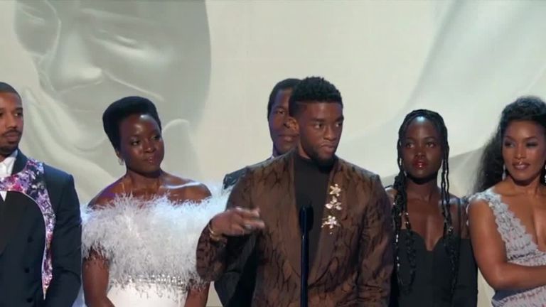 Chadwick Boseman and Black Panther cast on stage at SAG Awards