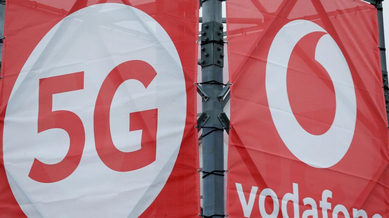 Logos of 5G technology and telecommunications company Vodafone 