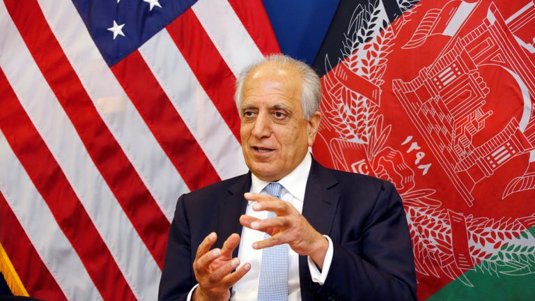 US special envoy for peace in Afghanistan, Zalmay Khalilzad, speaks to reporters after talks with the Taliban