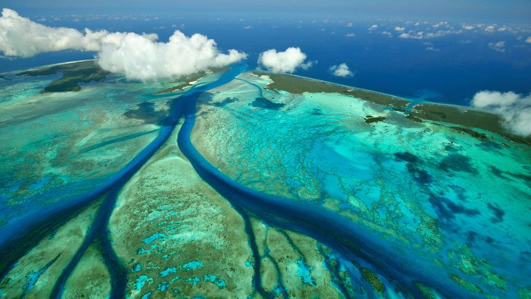 Tidal channels in coral which feed central lagoon with sea water, Aldabra, Seychelles. Pic: Alamy