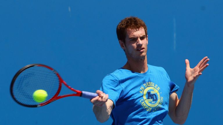 Andy Murray of Great Britain plays a forehand in a practice session during day thirteen of the 2010 Australian Open at Melbourne Park on January 30, 2010 in Melbourne