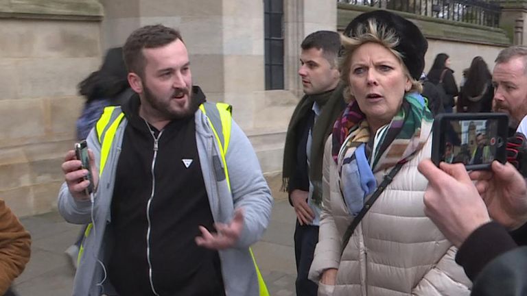 Pro-EU Anna Soubry MP faces pro-Brexit protesters near to Parliament.