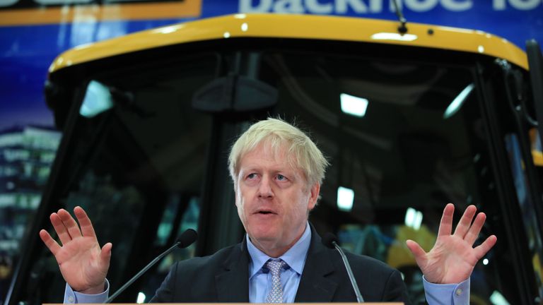 Boris Johnson speaking at the headquarters of JCB in Rocester, Staffordshire
