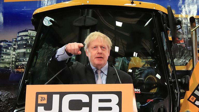Boris Johnson speaking at the headquarters of JCB in Rocester