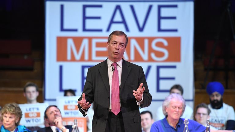 Former UKIP leader Nigel Farage speaks during the Brexit: Let&#39;s go WTO rally 