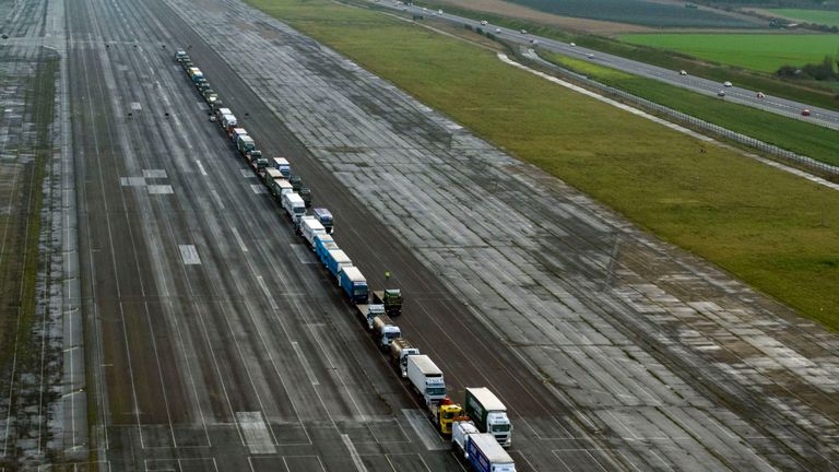 Lorries parked in a queue during a trial at the former Manston Airport site in Kent