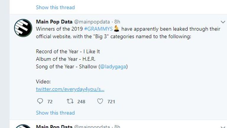 Twitter user @mainpopdata revealed this &#39;leaked&#39; list of supposed Grammy winners for 2019