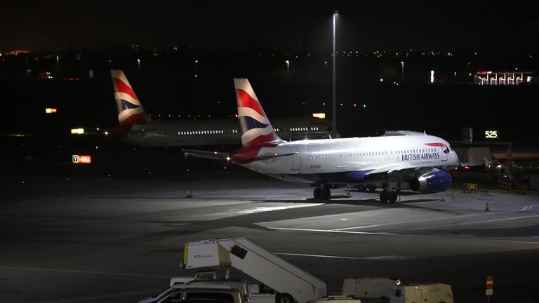 Planes at Terminal 5 at Heathrow airport after departures were temporarily suspended