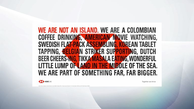 The advert highlights the influence of overseas countries and cultures on life in the UK. Pic: HSBC