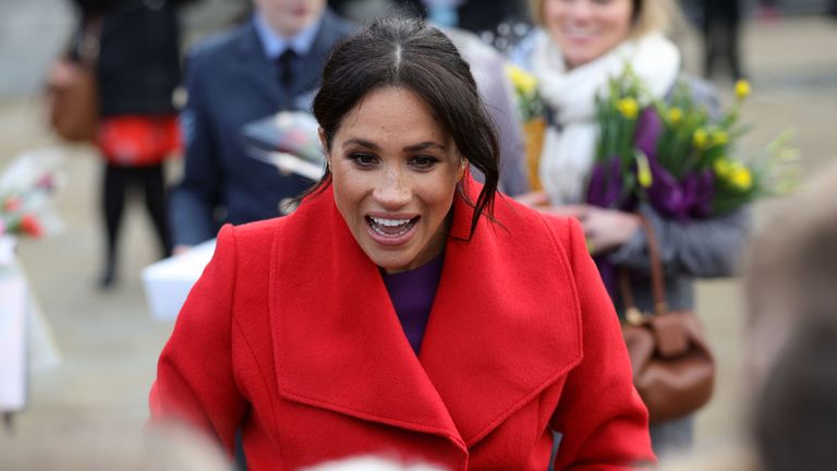 The Duchess of Sussex on a walkabout as she visits a new sculpture in Hamilton Square to mark the 100th anniversary of war poet Wilfred OwenÕs death, during a visit to Birkenhead. PRESS ASSOCIATION Photo. Picture date: Monday January 14, 2019. See PA story ROYAL Sussex. Photo credit should read: Aaron Chown/PA Wire