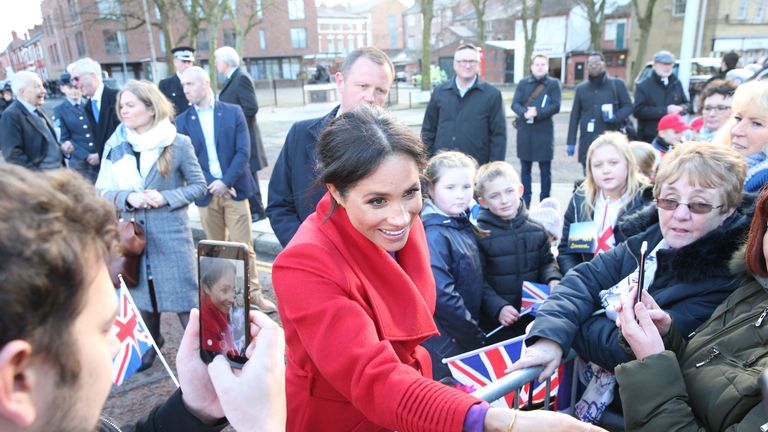 The Duchess of Sussex on a walkabout as she visits a new sculpture in Hamilton Square to mark the 100th anniversary of war poet Wilfred OwenÕs death, during a visit to Birkenhead. PRESS ASSOCIATION Photo. Picture date: Monday January 14, 2019. See PA story ROYAL Sussex. Photo credit should read: Aaron Chown/PA Wire