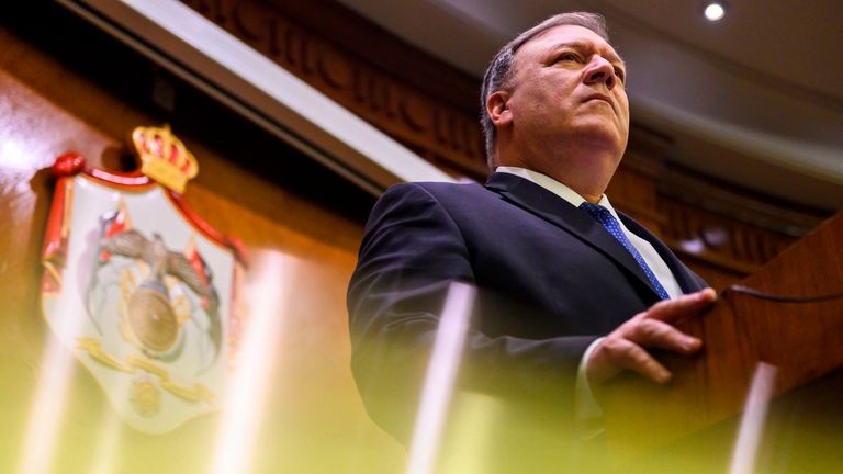 US Secretary of State Mike Pompeo pauses during a press conference with Jordanian Foreign Minister at the start of a Middle East tour to show commitment to the region after the US President&#39;s surprise decision to withdraw troops from war-torn Syria on January 8, 2019