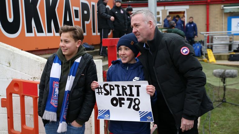 Paul Lambert with Ipswich fans at Accrington Stanley's ground earlier this month