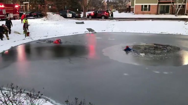 Fire and police crews rescued an 11-year-old boy from an icy pond. The child was taken to hospital in a stable condition.