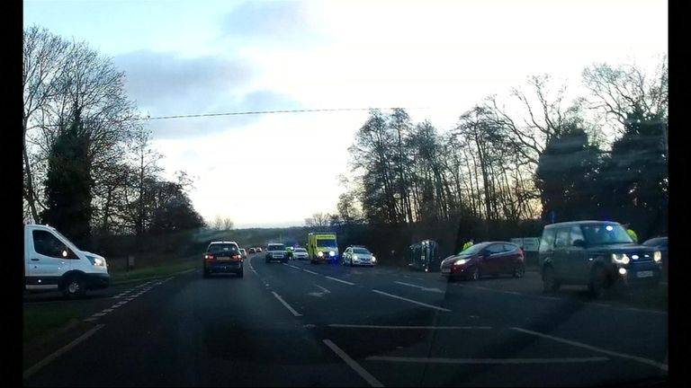 Dashcam footage from a passing car shows the duke&#39;s an ambulance near the duke&#39;s overturned Land Rover