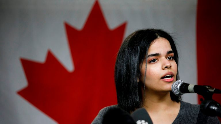 Rahaf Mohammed speaks during press conference in Toronto 