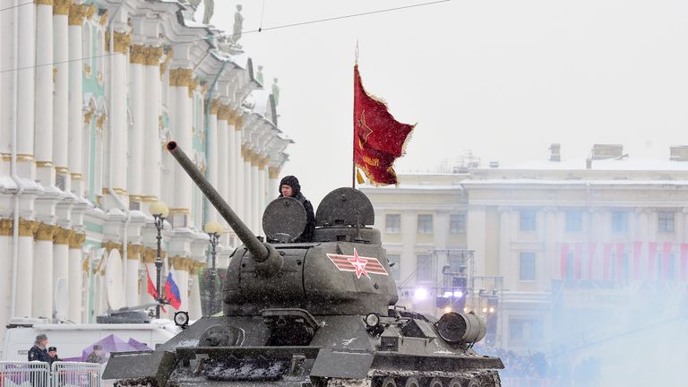 A Soviet WWII-era T-34 tank during the military parade in Saint Petersburg