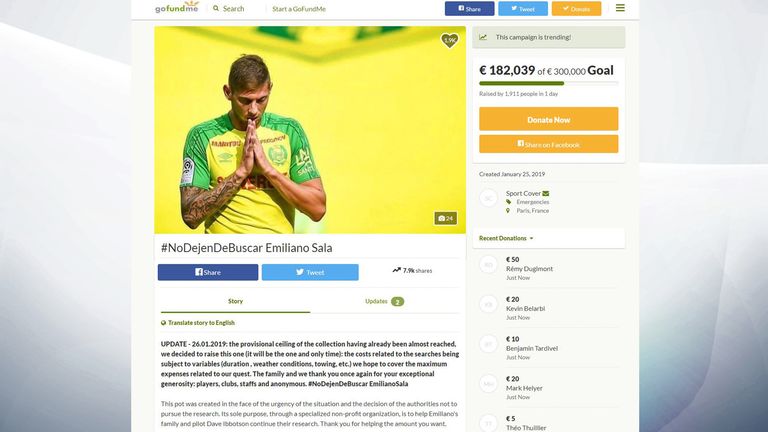 The GoFundMe page is seeking to raise €300,000 (£259,000) to resume the search for Sala and pilot Dave Ibbotson