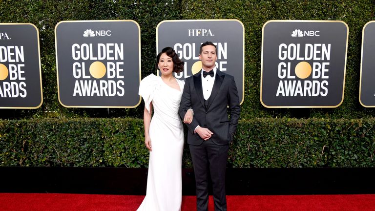 Sandra Oh and Andy Samberg attend the 76th Annual Golden Globe Awards at The Beverly Hilton Hotel on January 6, 2019 in Beverly Hills, California.