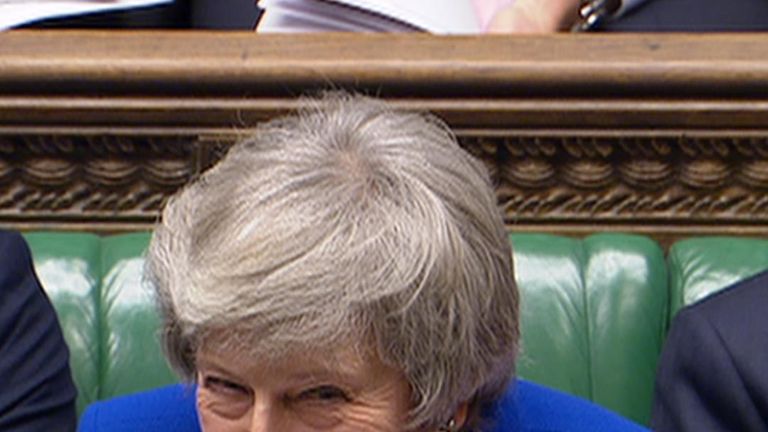 Theresa May has a laugh during PMQs when Jeremy Corbyn says she is in denial