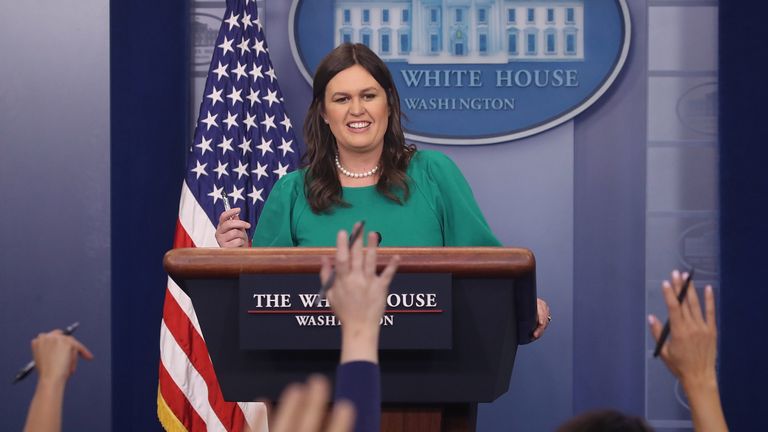 White House Press Secretary Sarah Huckabee Sanders takes questions from reporters in the Brady Briefing Room at the White House, on May 7, 2018 in Washington, DC.