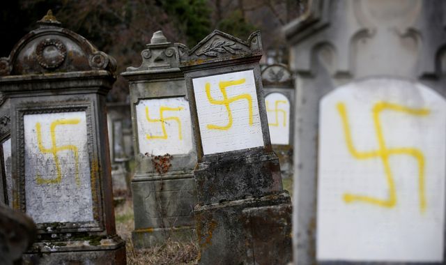 Swastikas painted on Jewish graves in French cemetery Swastikas painted on Jewish graves in French cemetery
