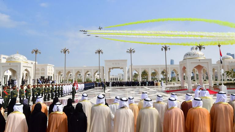 Aircrafts fly over the presidential palace in Abu Dhabi during a reception for Pope Francis