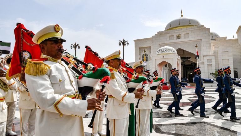 A military band performs as an honour guard marches by during the welcome ceremony for the visiting Pope Francis