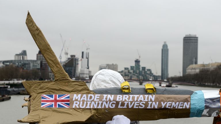 activists march with homemade replica missiles bearing the message &#39;Made in Britain, destroying lives in Yemen&#39;