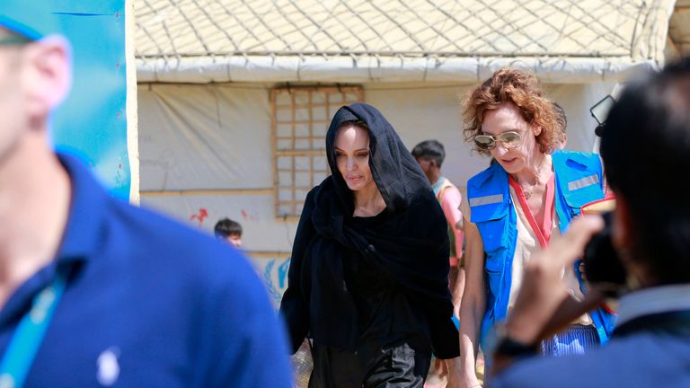 Angelina Jolie visits the Red Cross field hospital at Kutupalong refugee camp in Cox's Bazar, Bangladesh