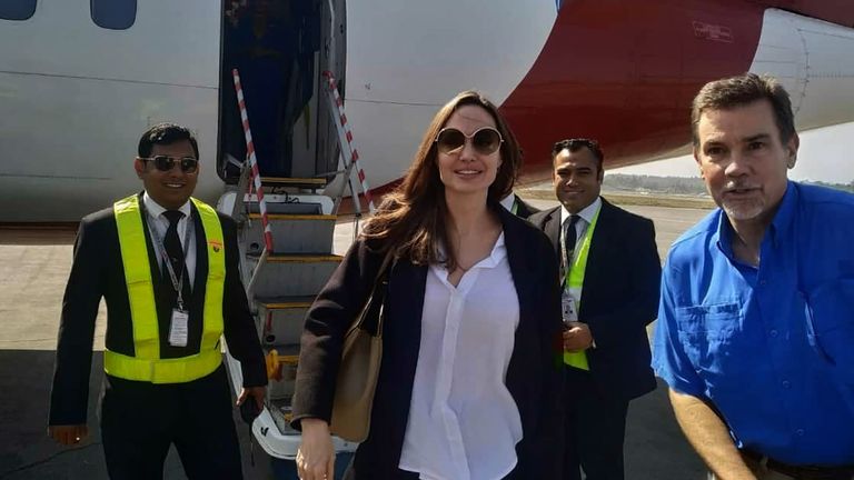 Angelina Jolie, a special envoy for the United Nations High Commissioner for Refugees (UNHCR), arrives at the airport in Cox's Bazar in southern Bangladesh