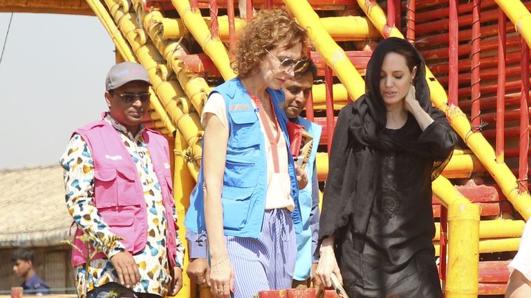 Angelina Jolie visits a school in the Kutupalong camp for Rohingya refugees in Ukhia in southern Bangladesh