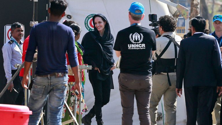 Angelina Jolie visits the Red Cross field hospital at Kutupalong refugee camp in Cox's Bazar, Bangladesh