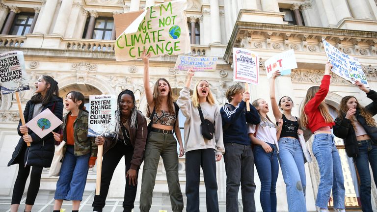 Students from the Youth Strike 4 Climate movement in Whitehall during a climate change protest in Westminster